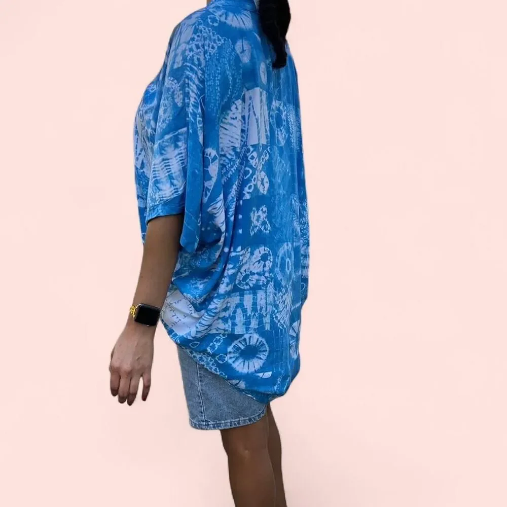 Blue and white tie-dye kimono